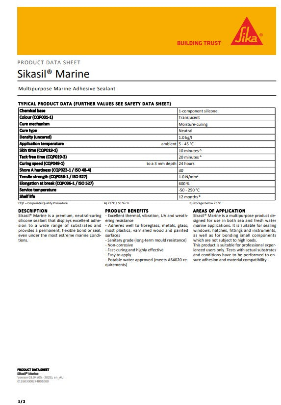 SikaSil Marine Clear 300g Cartridge or 75g Blister Tube