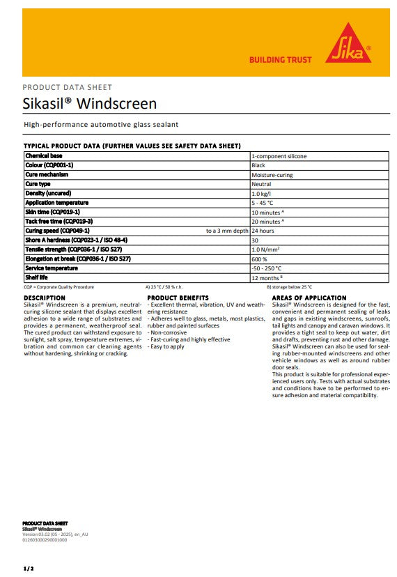 SikaSil Windscreen 300g Black 300g Cartridge or 75g Blister Tube