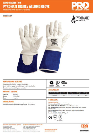 Pro Choice Pyromate Big Kev Welders Gloves - 1, 6 or 12 Pairs in 3 Size Options