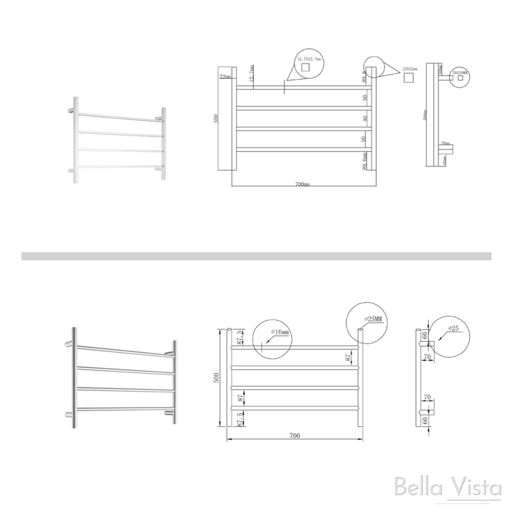 Bella Vista NON-Heated Square Bar Towel Rails 700 x 500mm - Chrome or Black