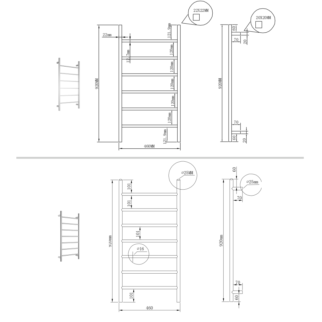 Bella Vista NON-Heated Square Bar Towel Rails 460 x 920mm - Chrome or Black