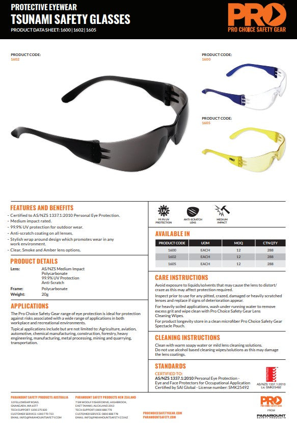 Pro Choice Tsunami Safety Glasses - 12 Pairs in 3 Lens Colour Options