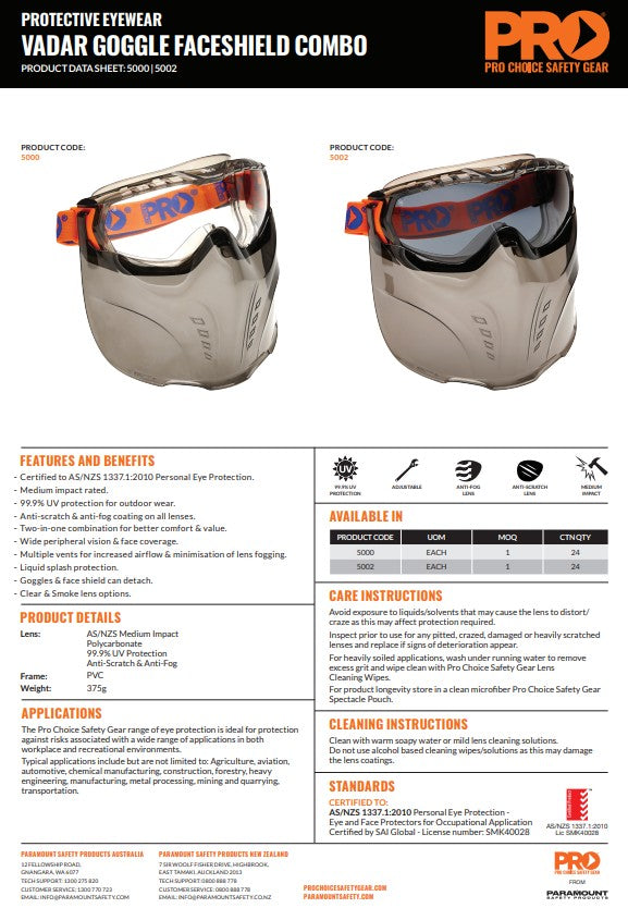 Pro Choice Vadar Safety Goggles with Visor Shield Combination - 2 Lens Options