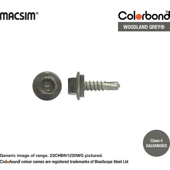 Macsim Hex Washer Face Self Drilling Galvanised PAINTED HEAD Screws - Box of 1000 - Various Sizes and Colours