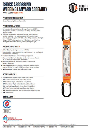 Linq Shock Absorbing 450Mm Assembly With Perm Attached Karabiners Screw Gate