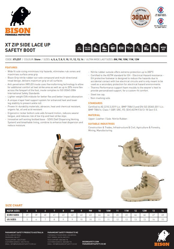Bison Xt Zip Side Lace Up Safety Boot - 3 colour options