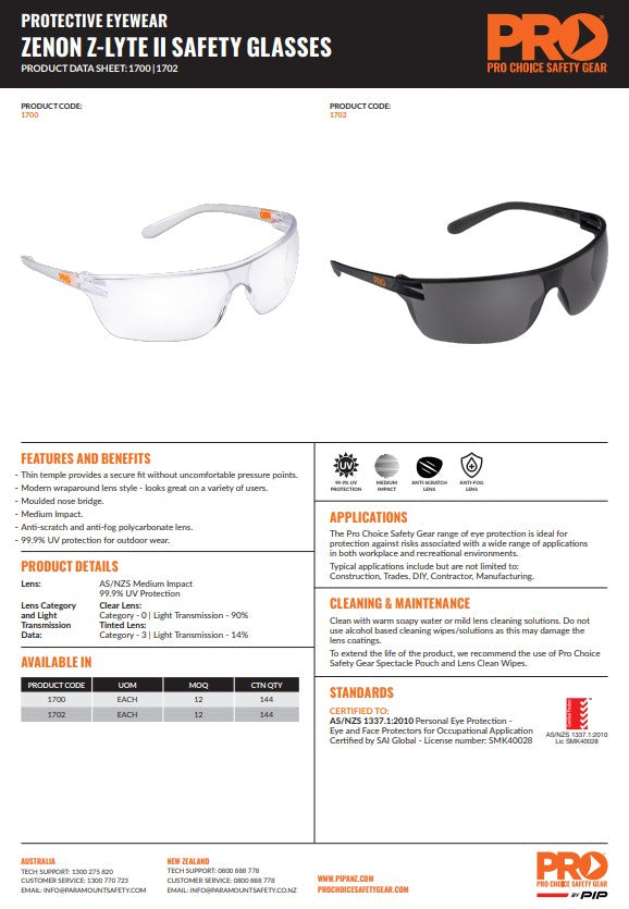 Zenon Z-Lyte Ii Safety Glasses - 12 Pairs in 2 Lens Colour Options