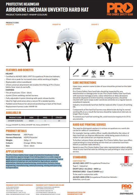 Pro Choice V6 Hard Hat Unvented Micro Peak Ratchet Harness Linesman - 2 Colour Options