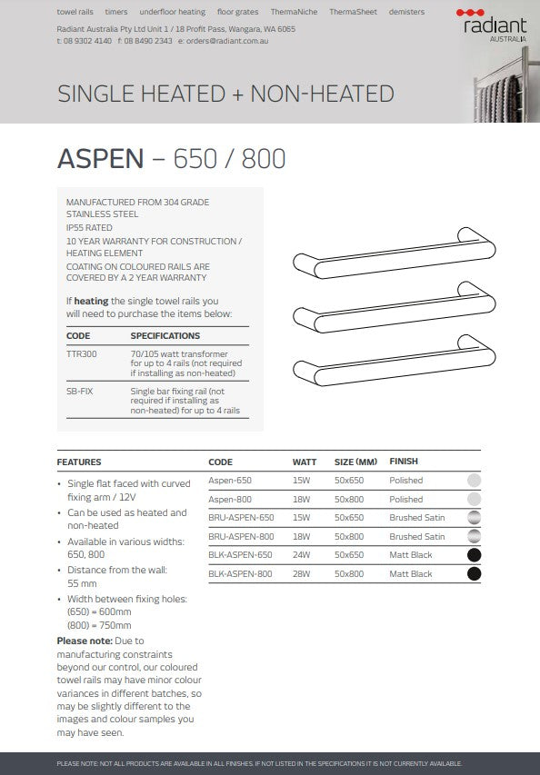 Radiant Single FLAT FACE ROUNDED ENDS Bar Heated Towel Rail Kits (ASPEN) - Various Widths, Colour Finishes and Number of Bars Available