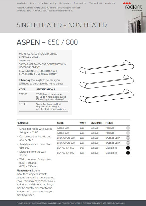 Radiant Single FLAT FACED ROUNDED END Bar NON-HEATED Towel Rails (NH-ASPEN) - Various Widths and Colour Finishes
