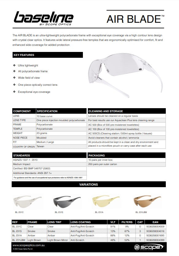 Scope Air Blade Safety Glasses - 10 Pairs in 4 Lens Colour Options