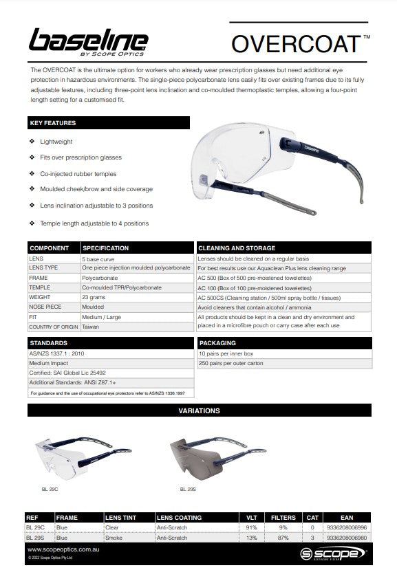 Scope Overcoat Safety Glasses - 10 pairs 2 Lens Colour Options