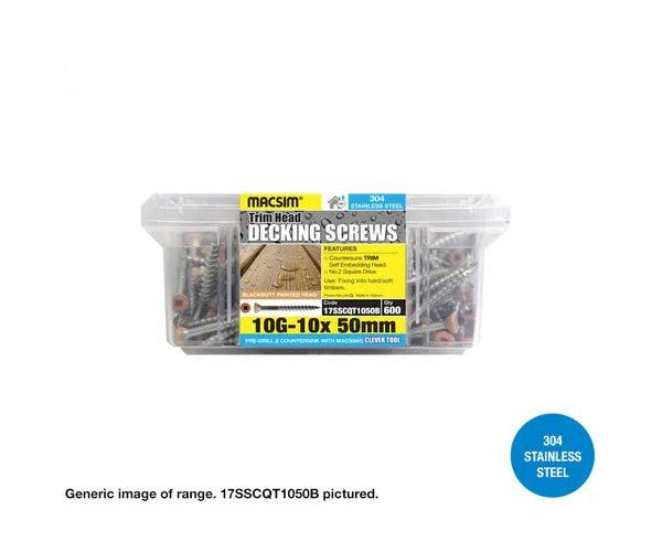 Macsim Type 17 TRIM Head Decking Screws (Square Drive) 304 Stainless Steel - 8G x 50mm - Box of 600 - Two Colour Options