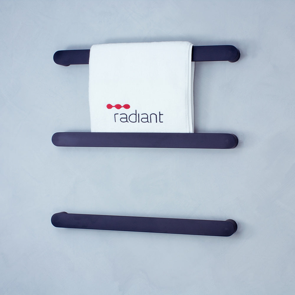 RADIANT BLK-ASPEN Single SQUARE Bar Matt BLACK HEATED Towel Rail round end
