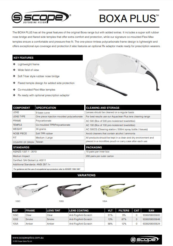 Scope Boxa Plus AF/AS Safety Glasses - 10 Pairs in 3 Lens Colour Options
