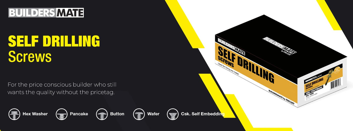 Builders Mate Value Range: Wafer Head Self Drilling Screws (Phillips Drive) Galvanised - Box of 1000 - Various Sizes