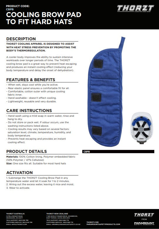 Thorzt Cooling Wrist Band and Pads for Hard Hats