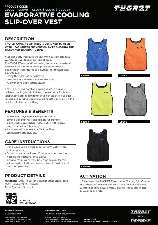 Thorzt Evaporative Cooling Slip Over Vest - Various Colour Options