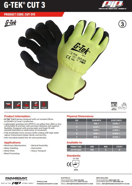 G-TEK Cut 3 Hi-Vis Gloves - 5 Size Options