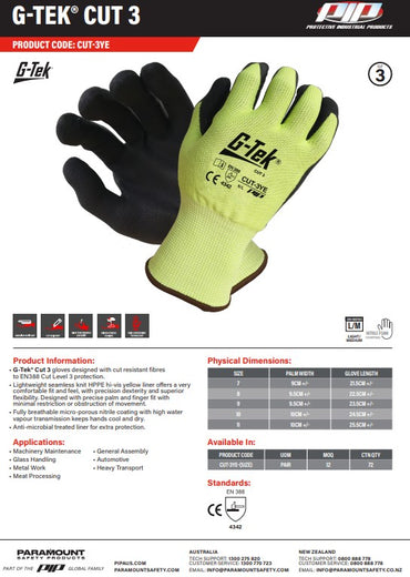 G-TEK Cut 3 Hi-Vis Gloves - 5 Size Options