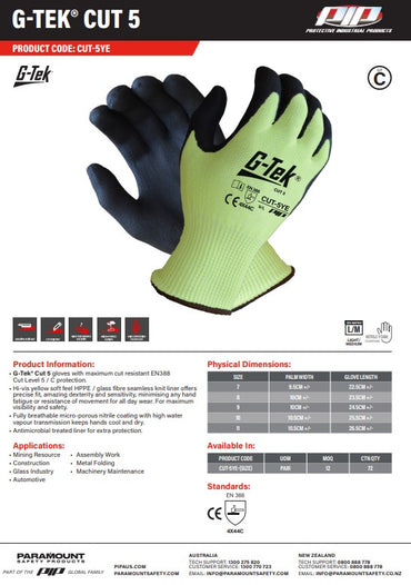 G-Tek Cut 5 Hi Vis Gloves - 1, 6 or 12 Pairs in 5 Size Options