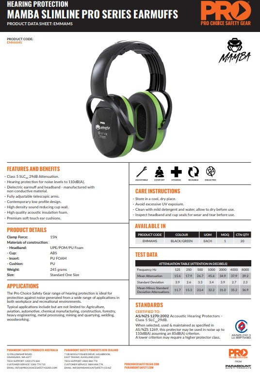 Mamba Slimline Pro Series EarMuff - 3 Style Options