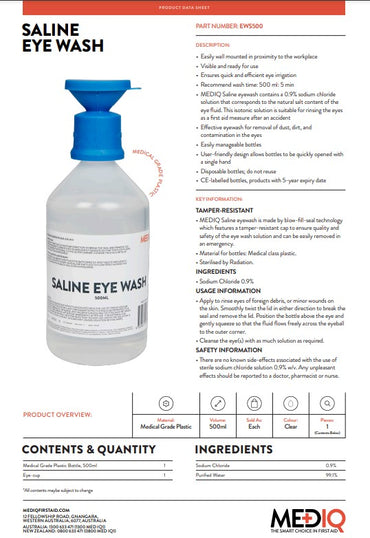 MEDIQ Emergency Eyewash Saline Solution - Bottles and Stations