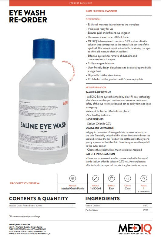 MEDIQ Emergency Eyewash Saline Solution - Bottles and Stations