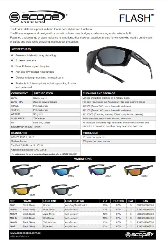 Scope Flash Jet Black Frame Safety Glasses - 6 Lens Colour Options