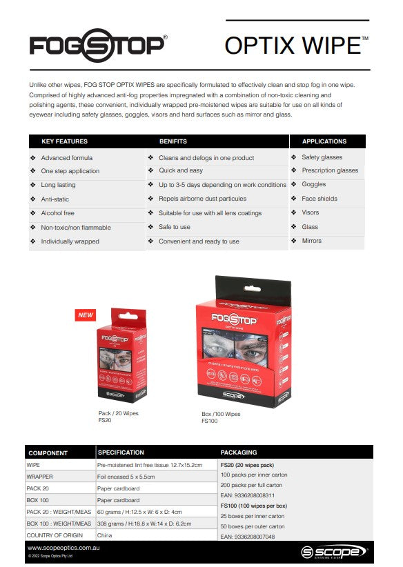 Scope Fog Stop Optix or Shammy Wipes - Various Pack Quantities