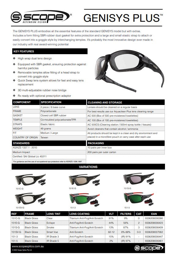 Scope Genisys Safety Glasses Plus Black Frame - 4 Lens Colour Options