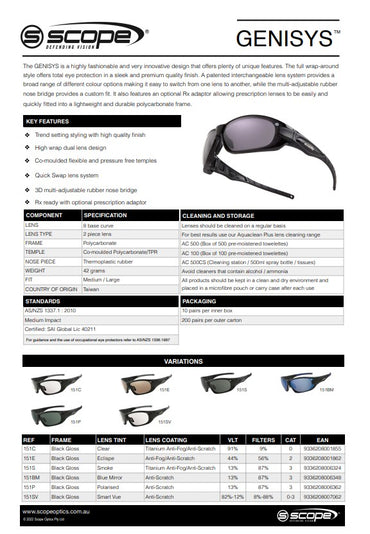 Scope Genisys Black Gloss Frame Safety Glasses - Various Lens Colour Options
