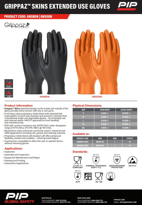 GRIPPAZ Skins 6mil 24cm Extended Use Gloves - 50 or 500 pieces in 2 Colours and 5 Size Options