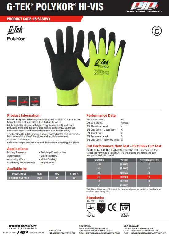 G-Tek Polykor Cut C Hi Vis Gloves - 1, 6 or 12 pairs in 3 Size Options