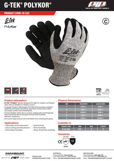 G-Tek Polykor Cut C Gloves - 12 Pairs in 5 Size Options