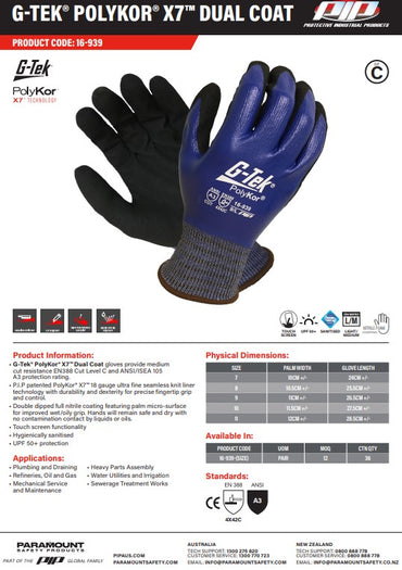 G-Tek Polykor X7 Cut C Dual Coat Gloves - 1, 6 or 12 Pairs in 5 Size Options