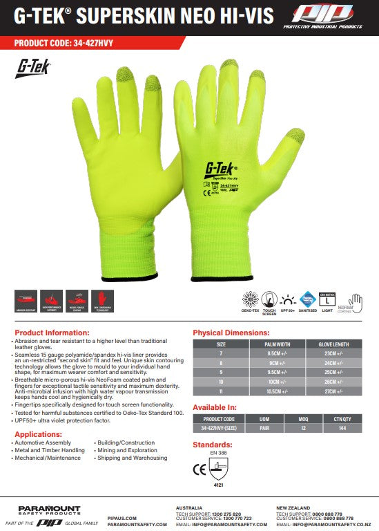 G-Tek Superskin NEO Hi Vis Gloves - 1 or 12 pairs in 6 Size Options