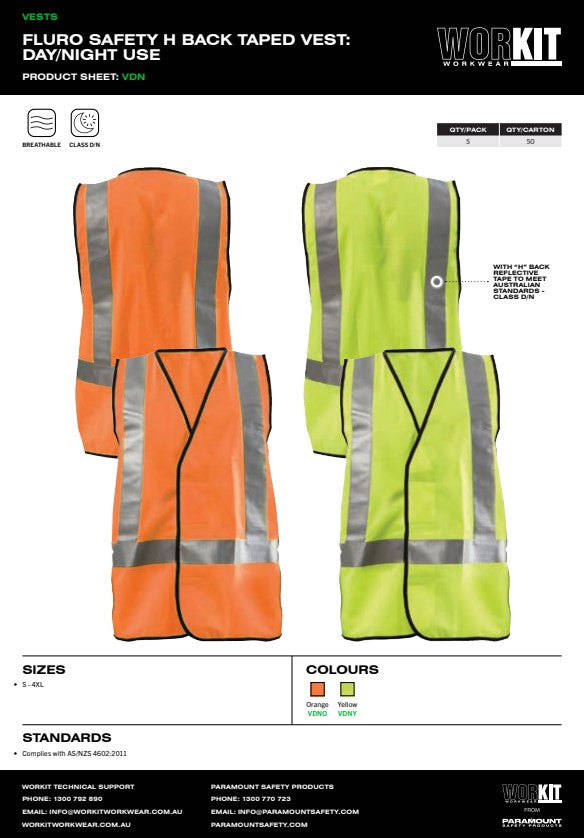 Pro Choice Hi Vis Fluro Safety Vest Day/Night use Reflective Tape H or X Back - Pack of 5 in 2 Colours and 7 Size Options