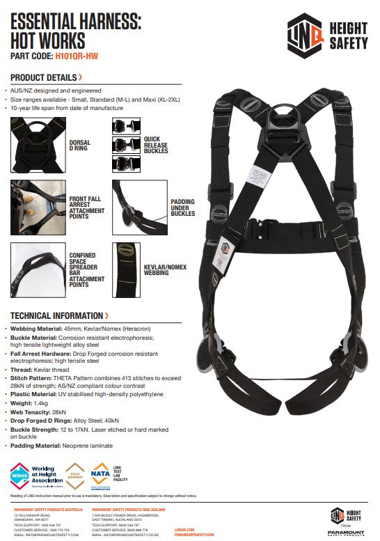 Linq Essential Hot Works Harness with Quick Release Buckle Kevlar Webbing M-L