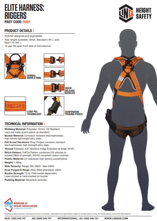 Linq Elite Riggers Harness + Harness Bag - 3 Size Options or Stainless Steel