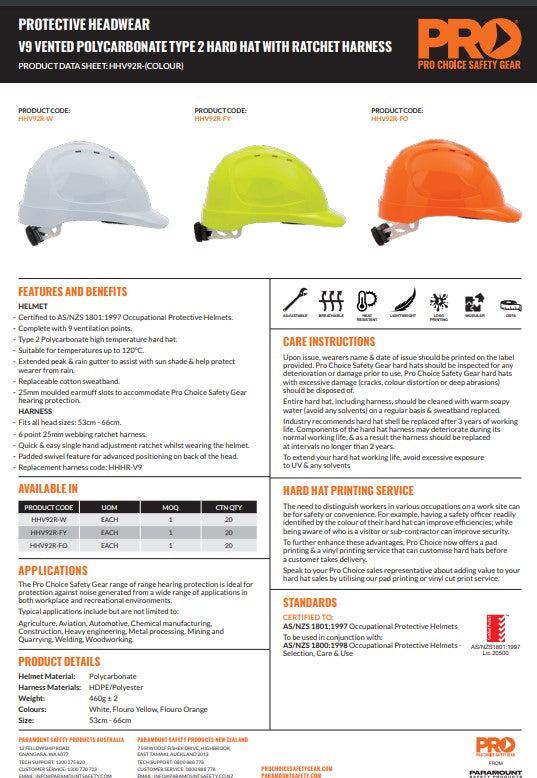 Pro Choice V9 Type 2 Hard Hat with Ratchet Harness - 3 Colour Options