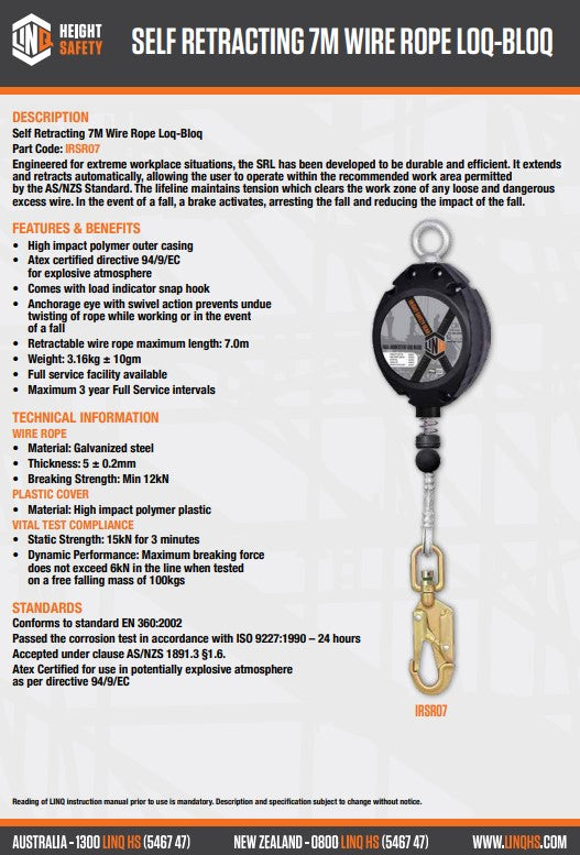 Linq Self Retracting Wire Rope LOQ-BLOQ - 7m, 10m 15m or 20m Options