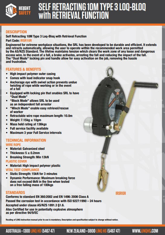 Linq Self Retracting Lifeline Type 3 LOQ-BLOQ with Retrieval Function - 10m or 30m