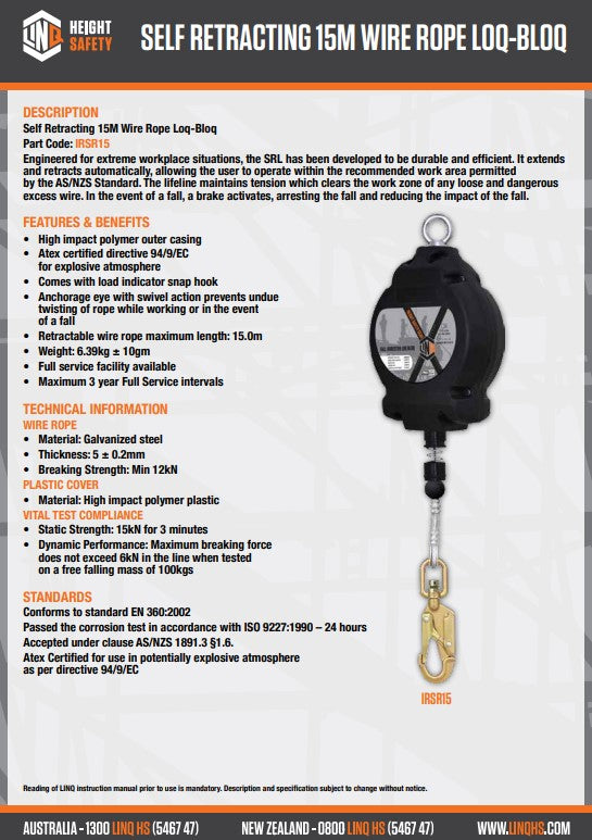 Linq Self Retracting Wire Rope LOQ-BLOQ - 7m, 10m 15m or 20m Options