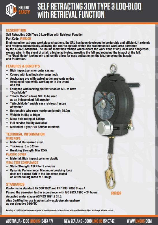 Linq Self Retracting Lifeline Type 3 LOQ-BLOQ with Retrieval Function - 10m or 30m
