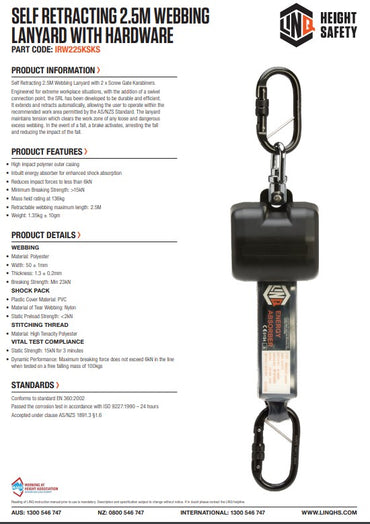 Linq Self Retracting 2.5m Webbing Lanyard with Hardware KS X2