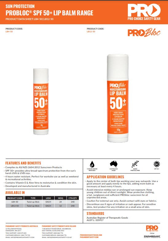Pro Choice Probloc SPF 50+ Lip Balm - Box of 12 or 24