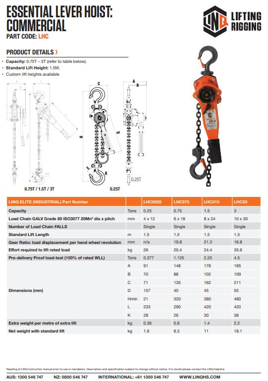 Linq Commercial Lever Hoist 1.5m - Capacity 1.5T or 0.25T