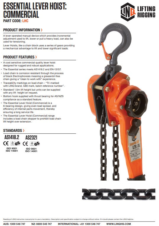 Linq Commercial Lever Hoist 1.5m - Capacity 1.5T or 0.25T