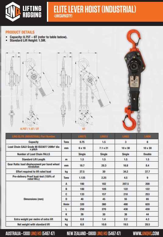 Linq Industrial 1.5m Lever Hoist - Capacity 1.5T or 6T